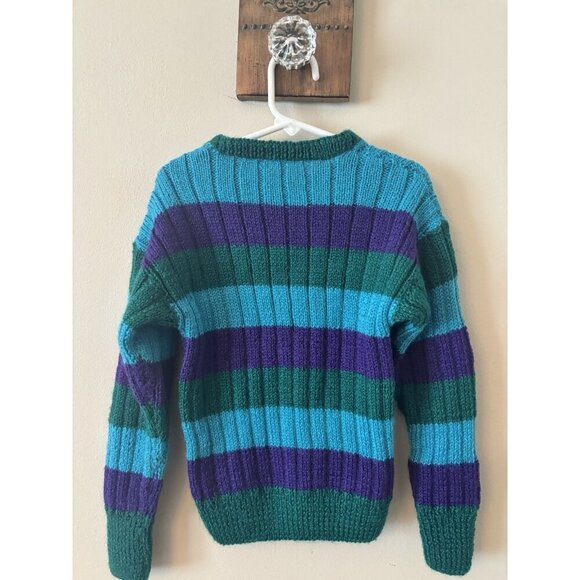 Vintage Boys Handmade Hand Knit Striped Sweater Green Blue Purple - Picture 3 of 4